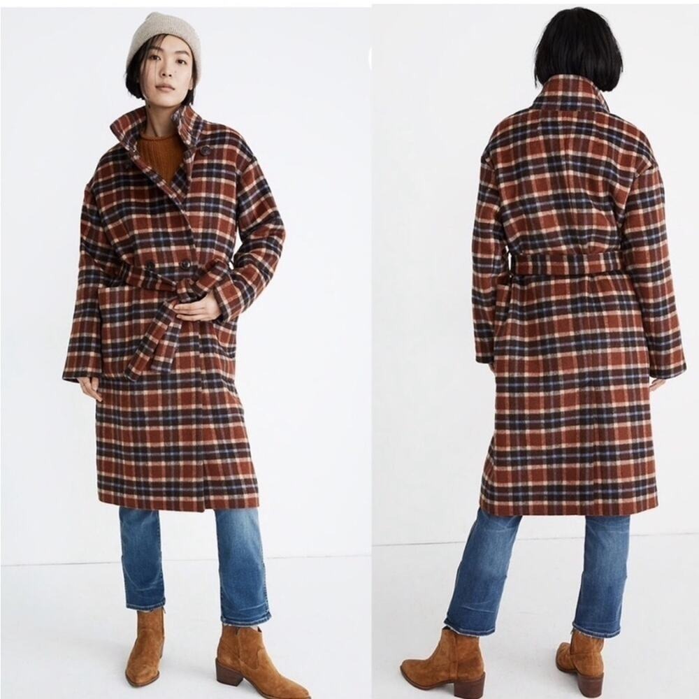 Madewell Rust Wool Blend Plaid Women's Coat Long Belted AA327 S - Picture 4 of 15